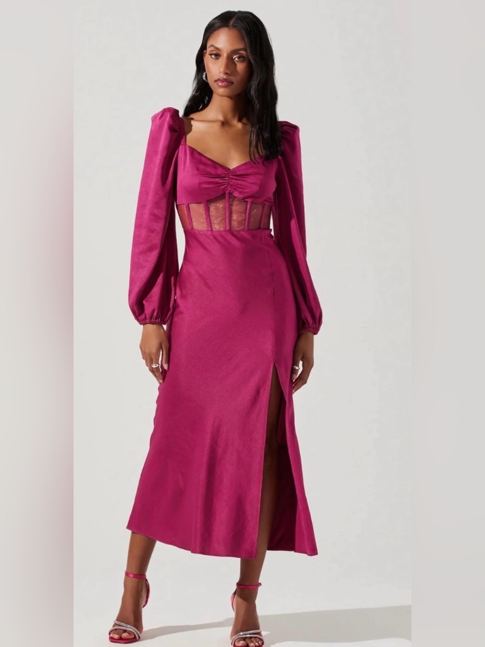 ASTR the label Gianna Corset Long Sleeve Dress in Fuchsia Romantic Midi Dress L